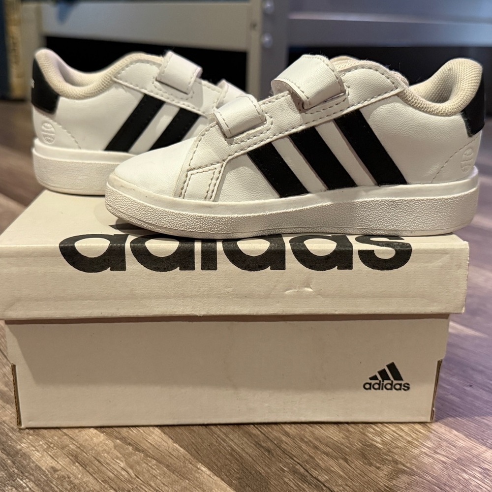 Adidas Kids White Sneakers with Black Stripes